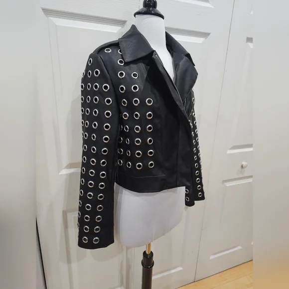 Unique Forever 21 Punk Goth Silver Grommet Black Faux Leather Jacket S